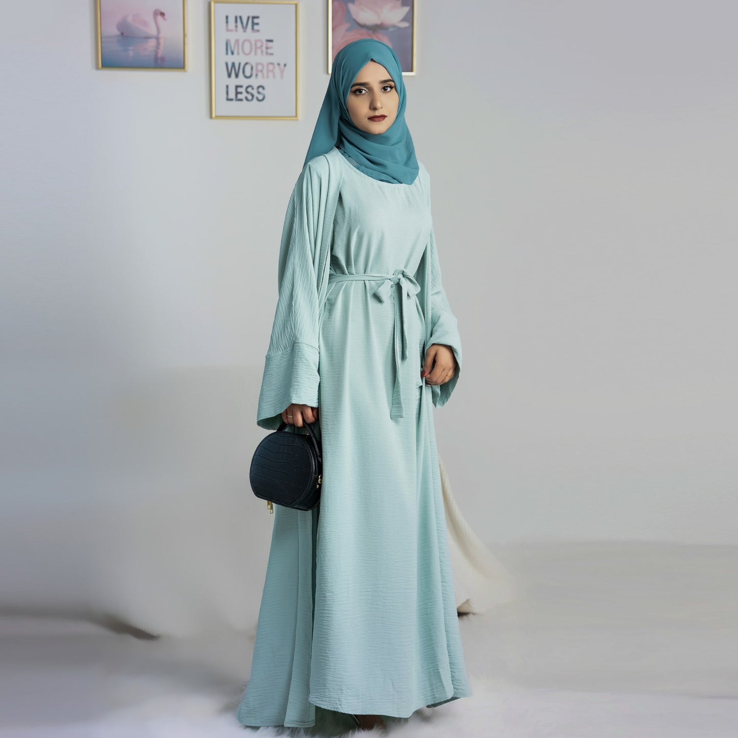 Modest Two-Piece Abaya with Belt - Spearmint Blue