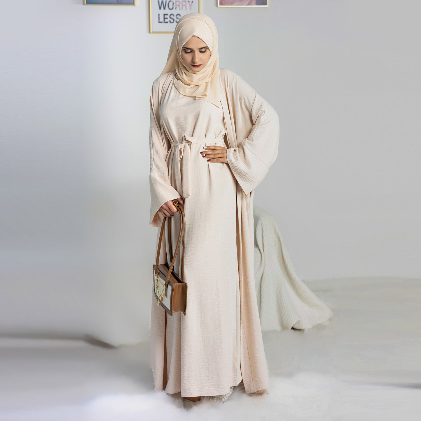Modest Two-Piece Abaya with Belt - Sand Beige