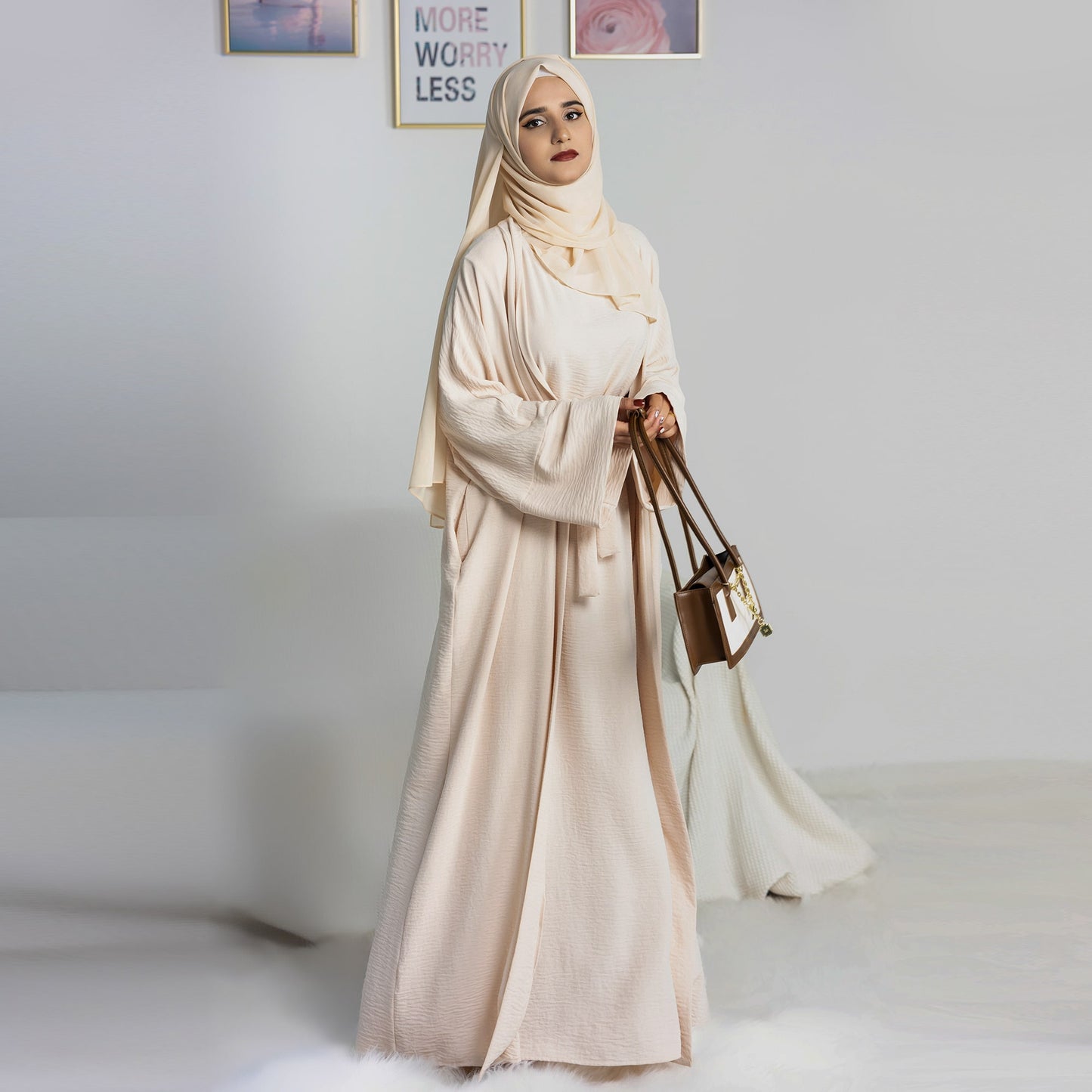 Modest Two-Piece Abaya with Belt - Sand Beige