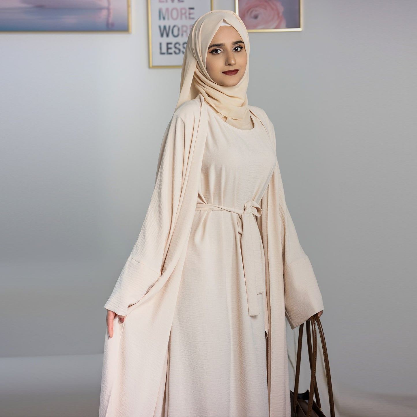 Modest Two-Piece Abaya with Belt - Sand Beige