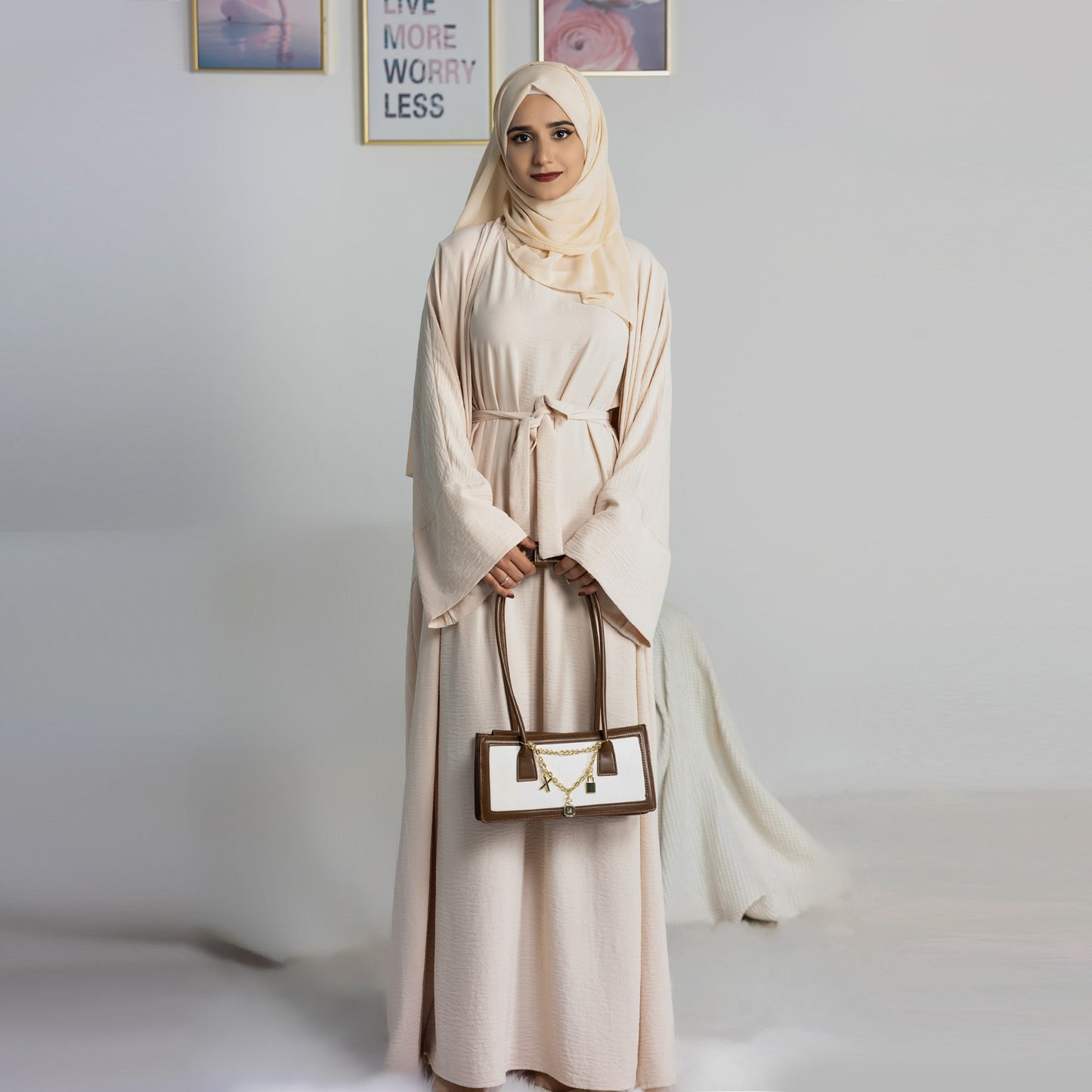 Modest Two-Piece Abaya with Belt - Sand Beige