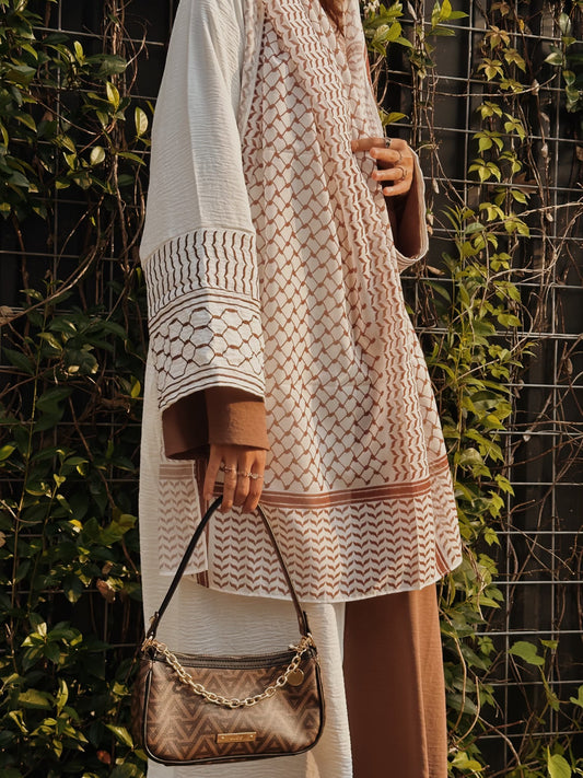 Palestine Keffiyeh Open Abaya - White with Brown Embroidery