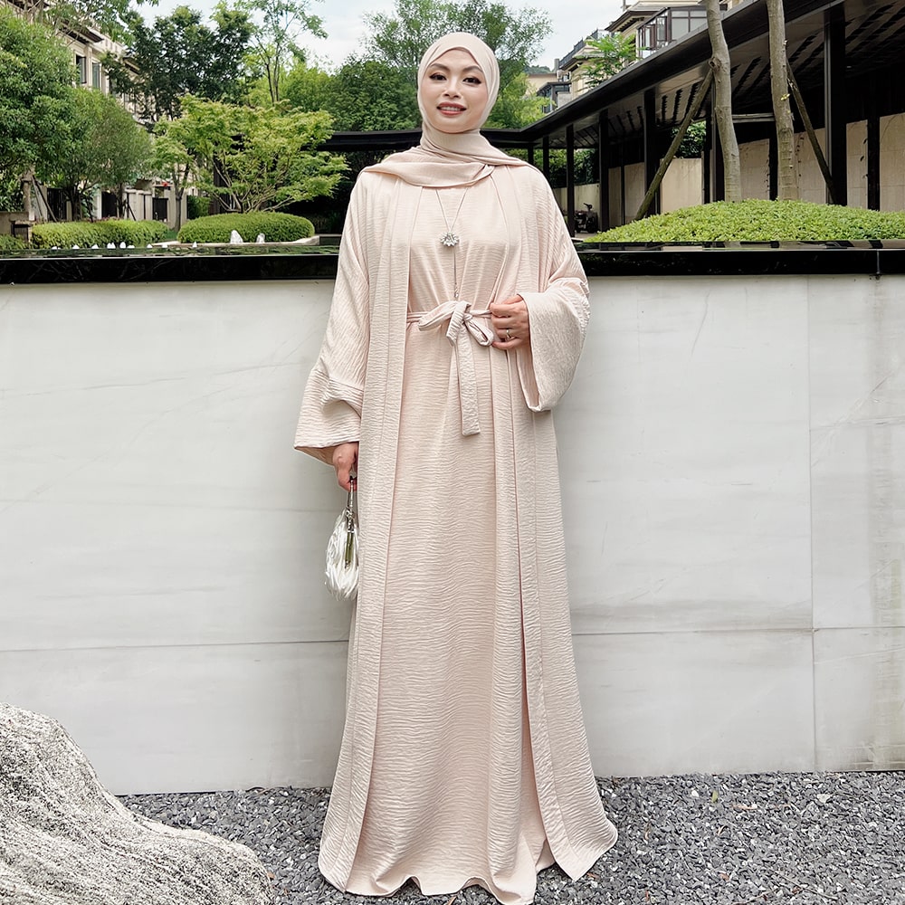 Modest Two-Piece Abaya with Belt - Sand Beige