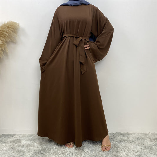 Modest Closed Abaya With Belt - Dark Brown