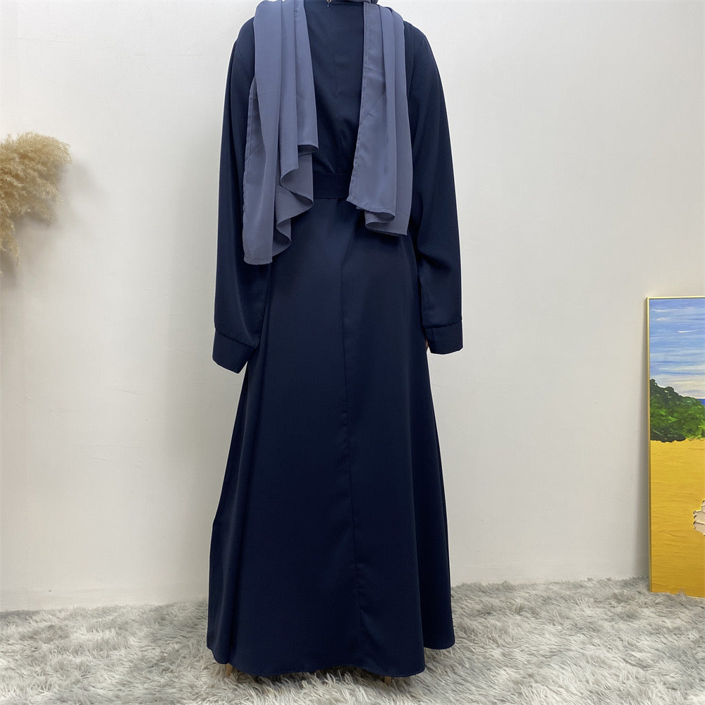 Modest Closed Abaya With Belt - Navy Blue