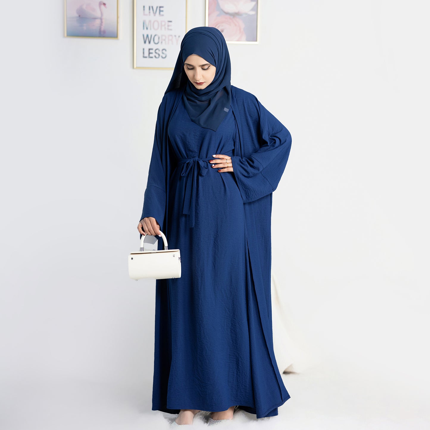 Two-Piece Abaya with Belt - Navy Blue