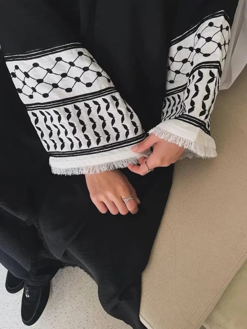 Palestine Keffiyeh Open Abaya - Black with White Embroidery