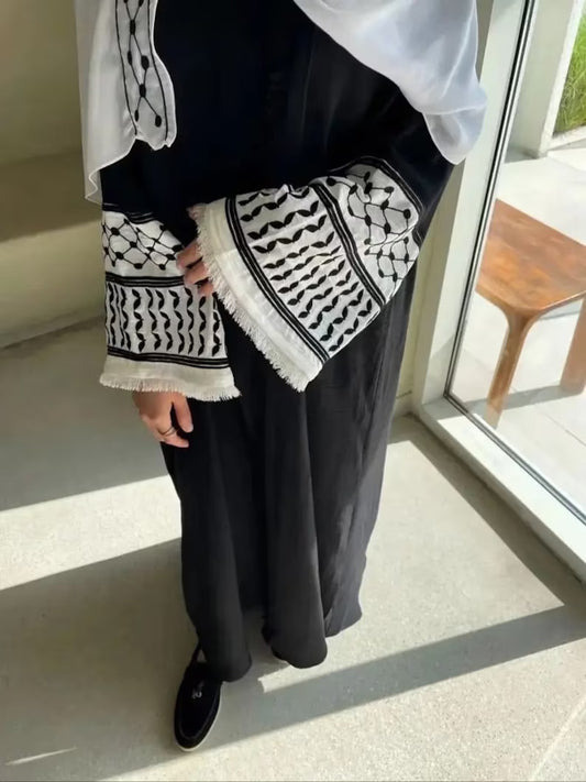 Palestine Keffiyeh Open Abaya - Black with White Embroidery