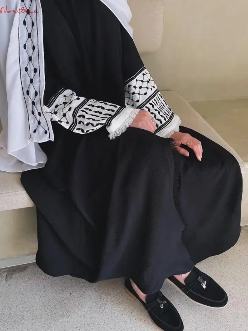 Palestine Keffiyeh Open Abaya - Black with White Embroidery