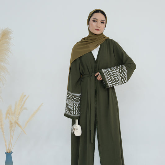 Palestine Keffiyeh Open Abaya - Forest Green