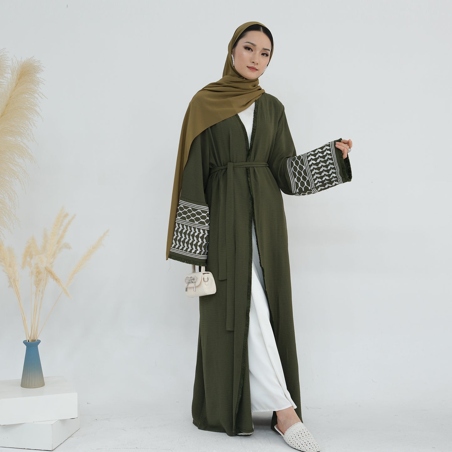 Palestine Keffiyeh Open Abaya - Forest Green
