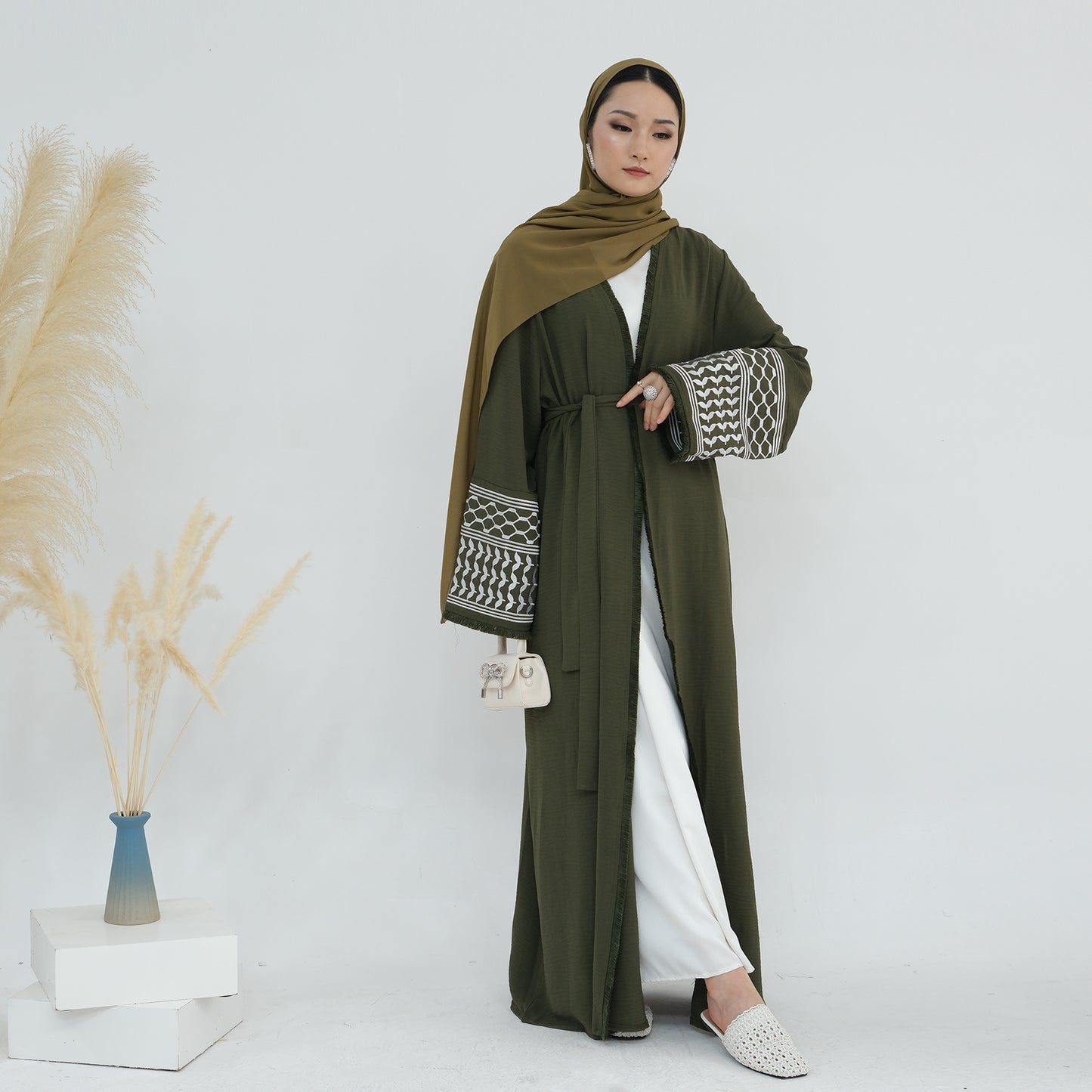 Palestine Keffiyeh Open Abaya - Forest Green