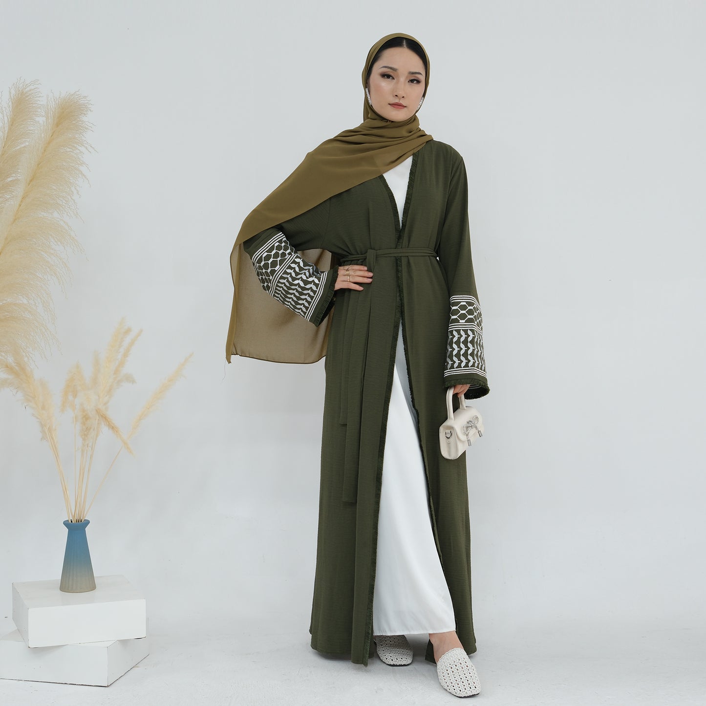 Palestine Keffiyeh Open Abaya - Forest Green