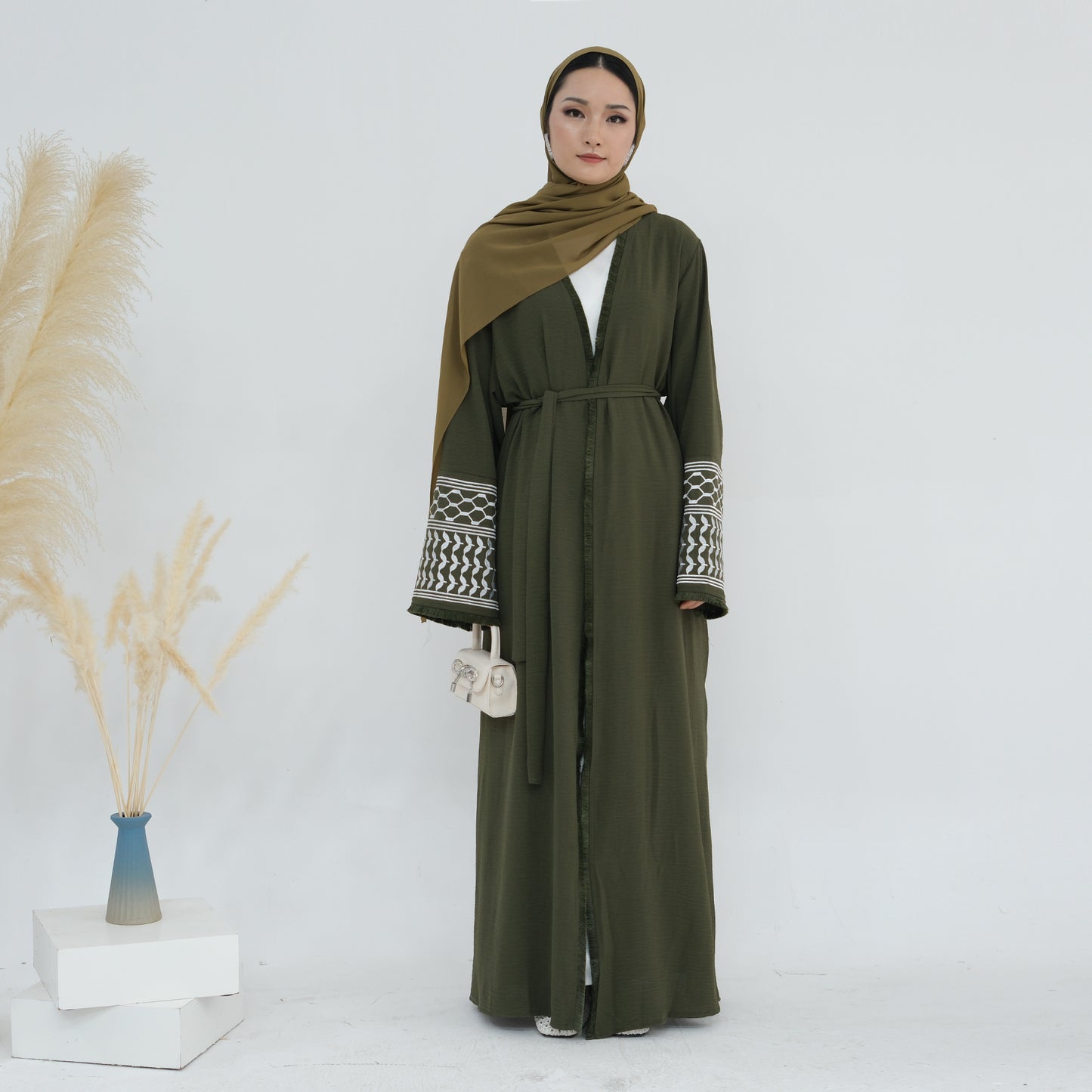 Palestine Keffiyeh Open Abaya - Forest Green