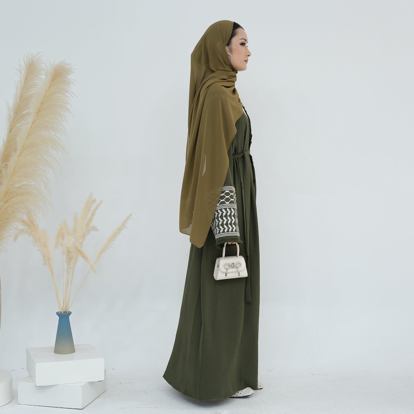 Palestine Keffiyeh Open Abaya - Forest Green