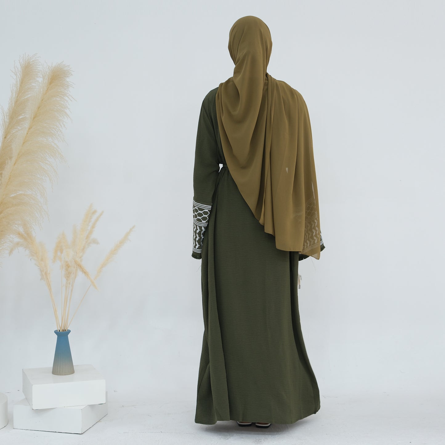 Palestine Keffiyeh Open Abaya - Forest Green