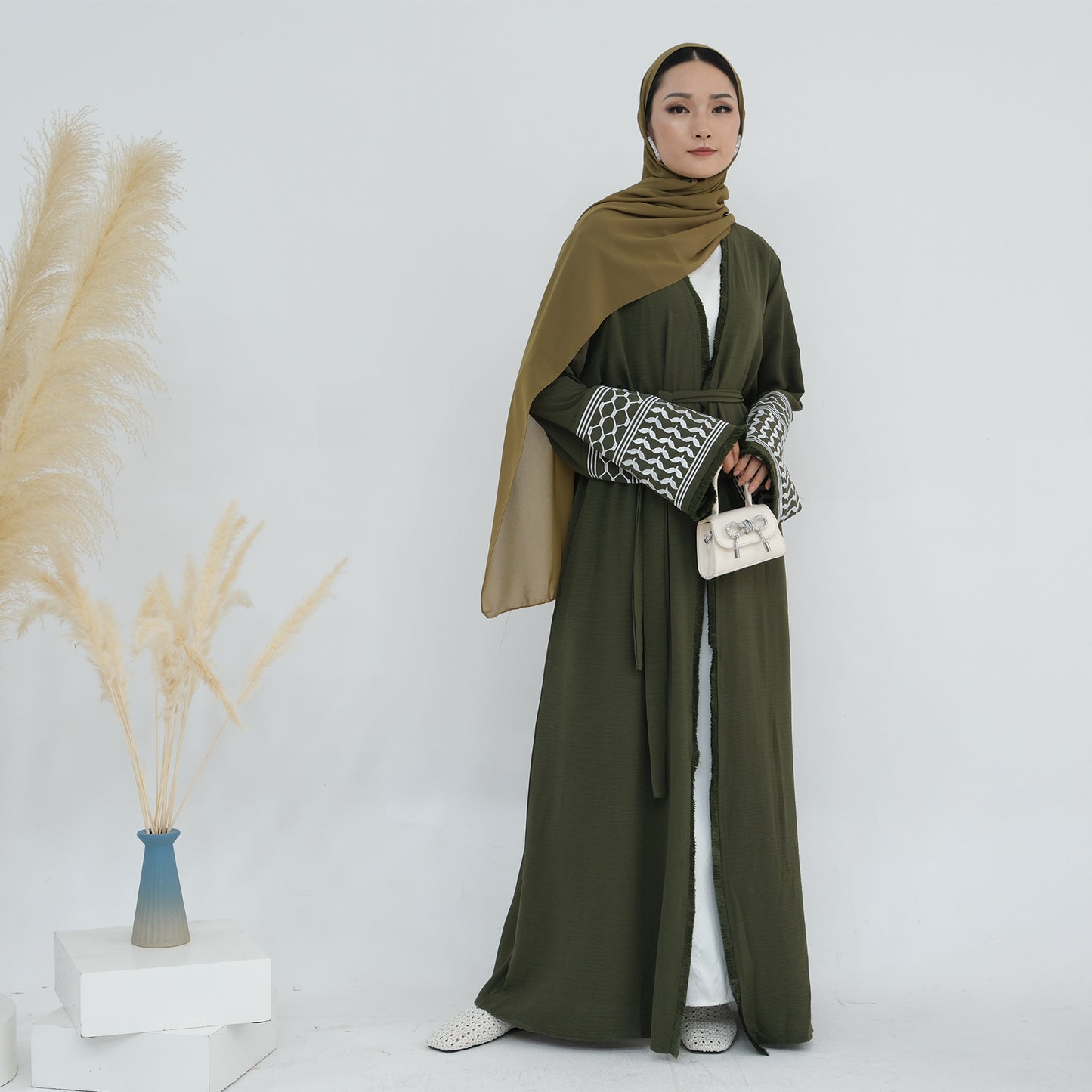 Palestine Keffiyeh Open Abaya - Forest Green