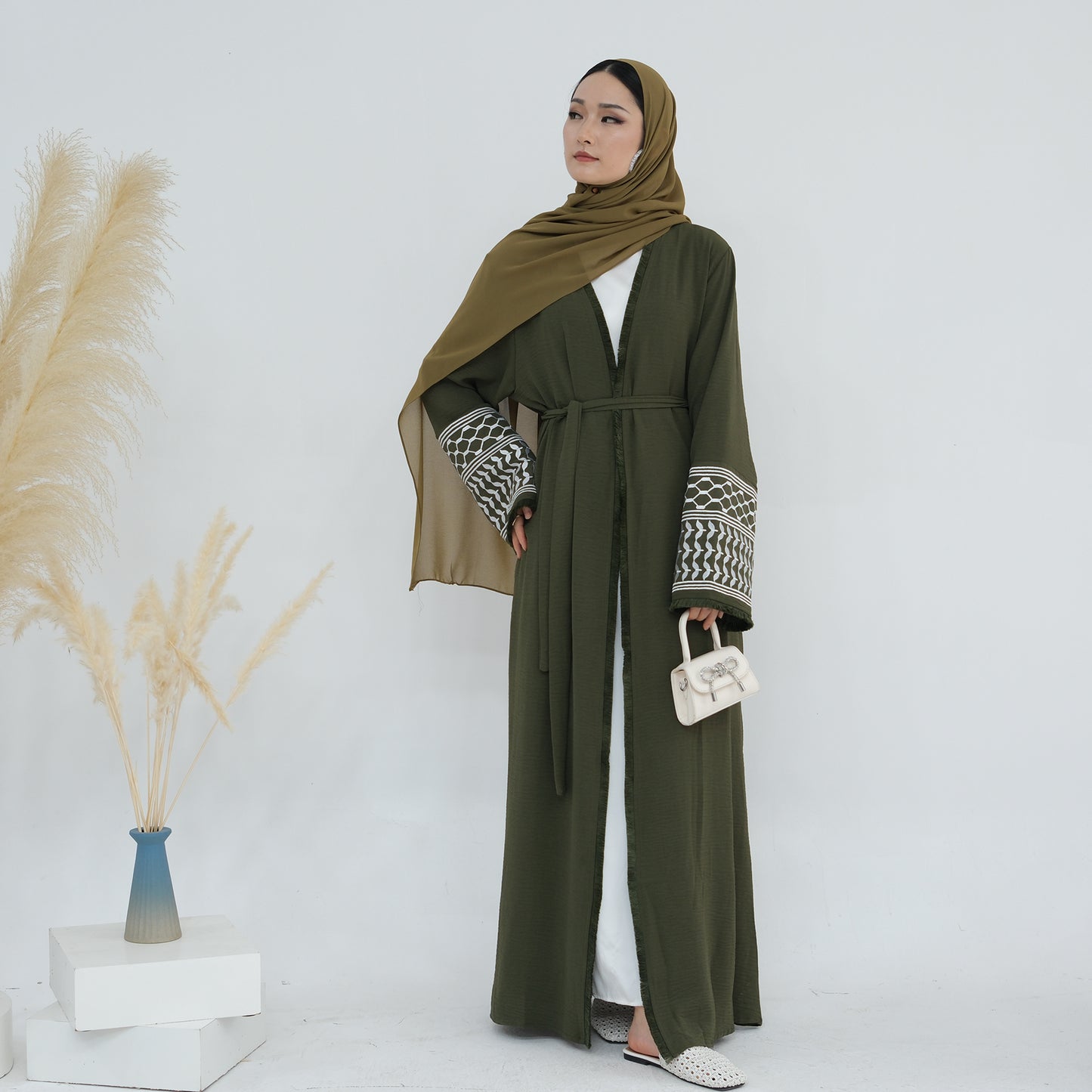 Palestine Keffiyeh Open Abaya - Forest Green