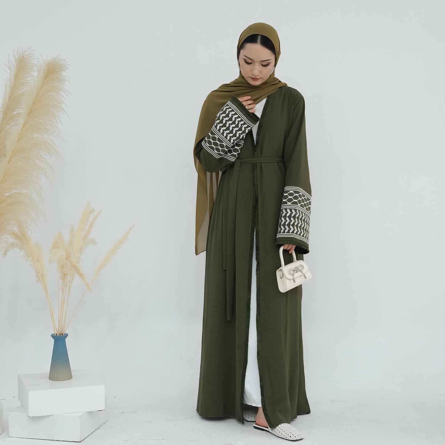 Palestine Keffiyeh Open Abaya - Forest Green