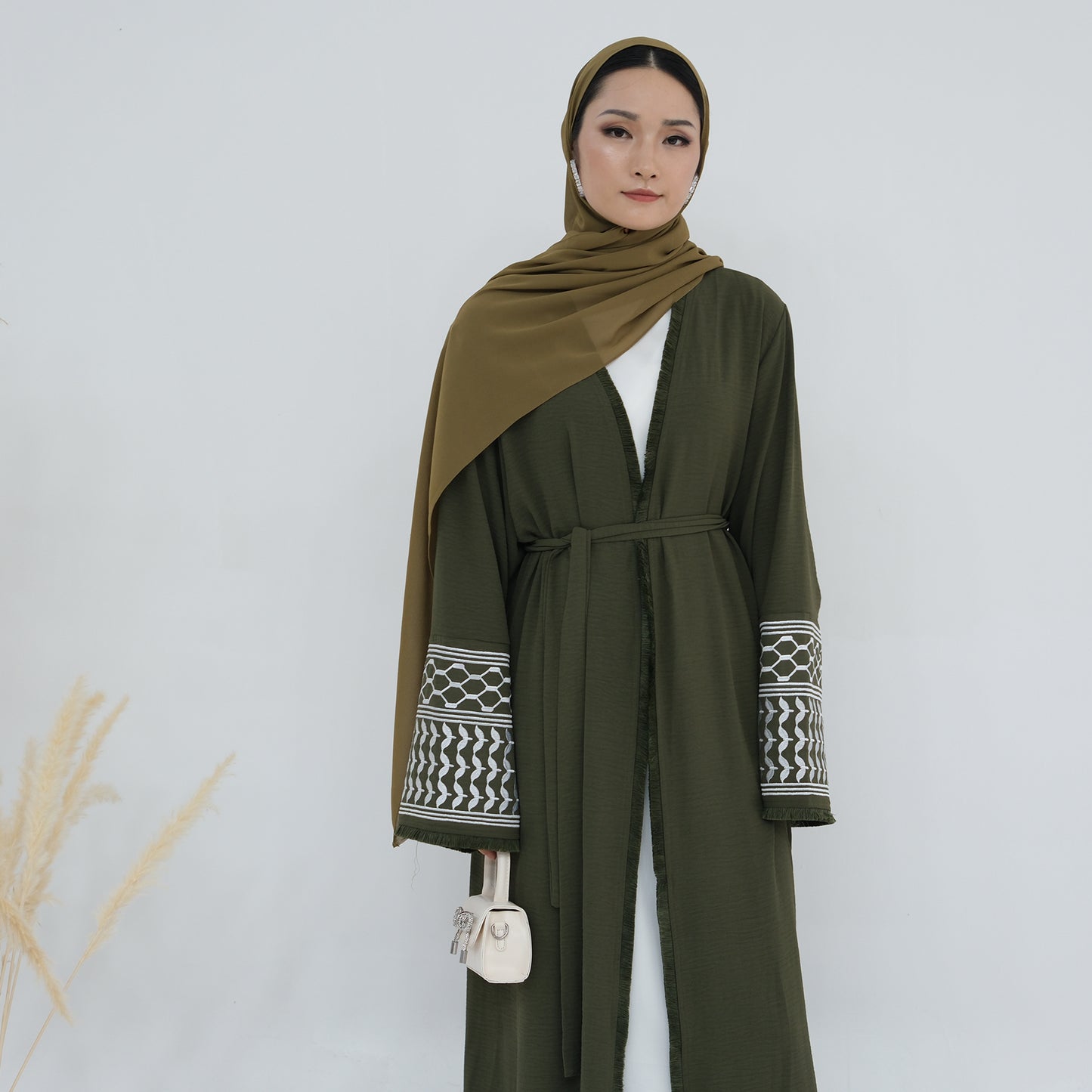Palestine Keffiyeh Open Abaya - Forest Green