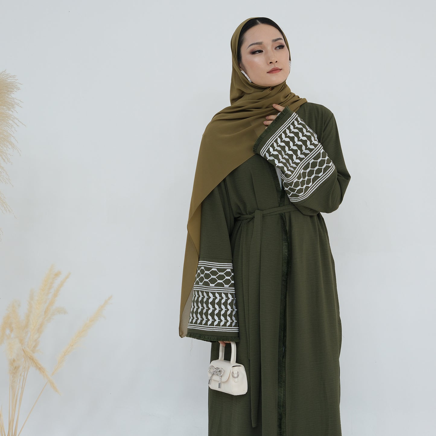 Palestine Keffiyeh Open Abaya - Forest Green