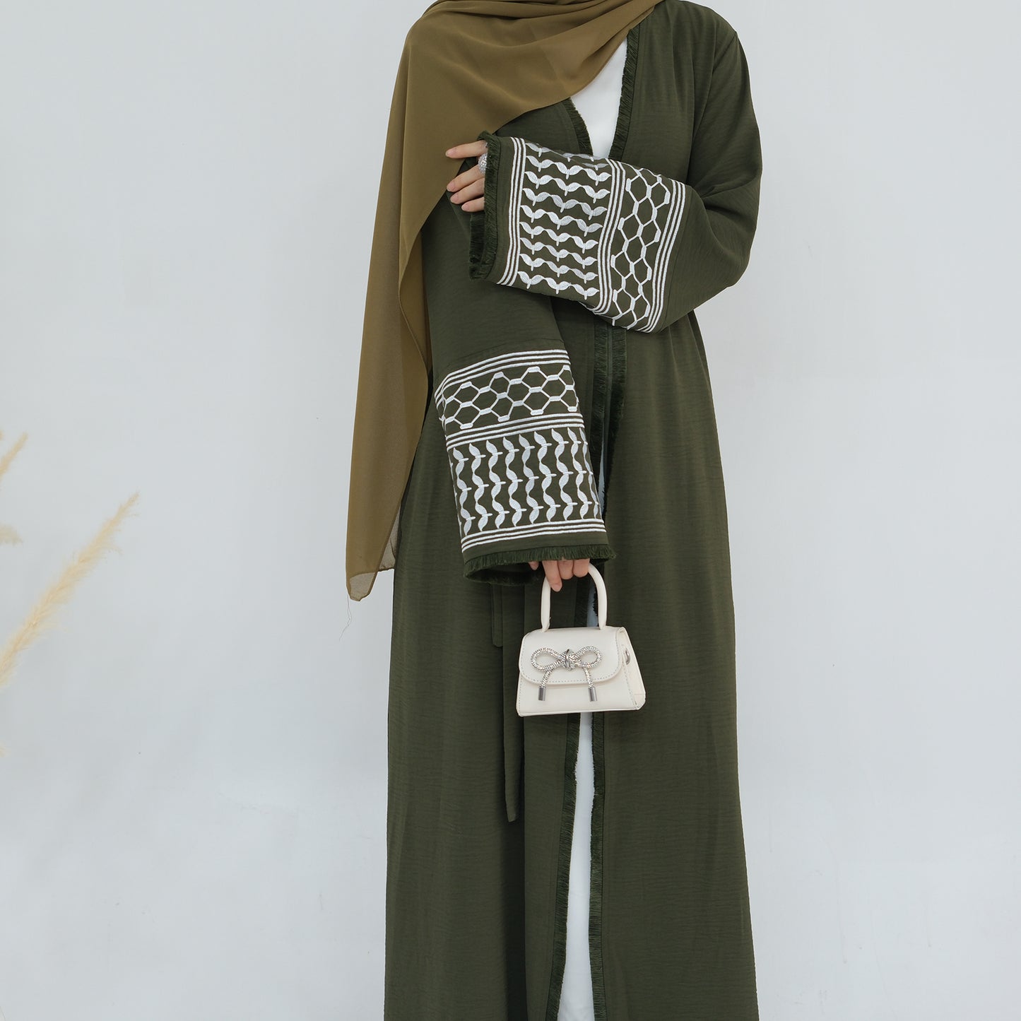 Palestine Keffiyeh Open Abaya - Forest Green