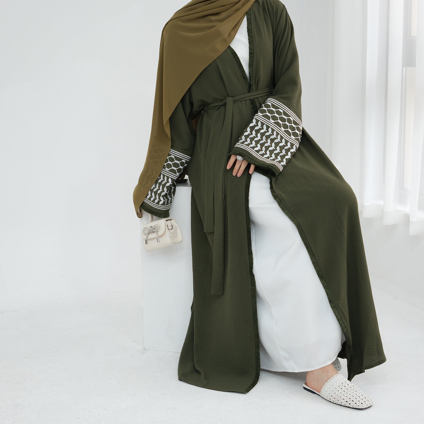 Palestine Keffiyeh Open Abaya - Forest Green