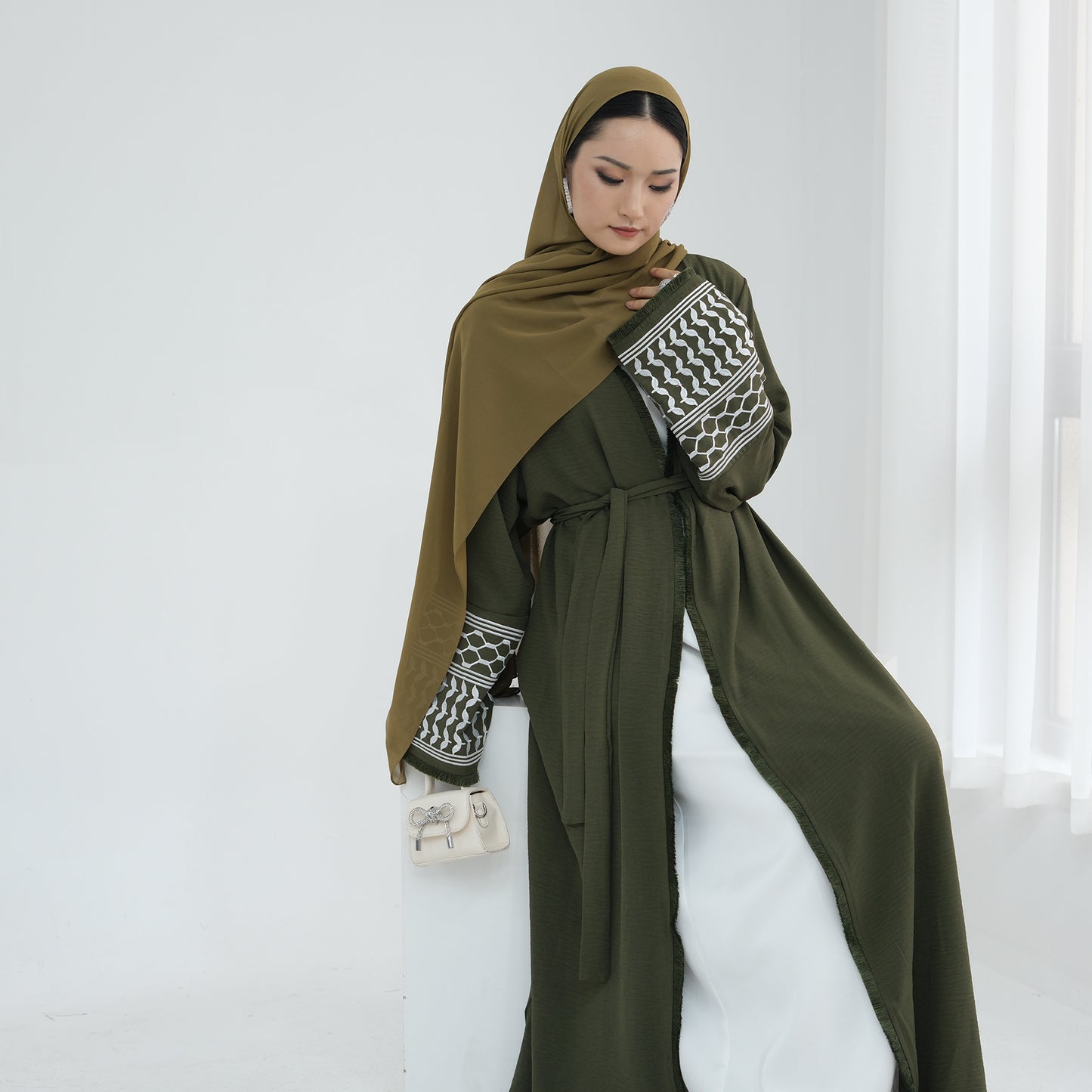 Palestine Keffiyeh Open Abaya - Forest Green