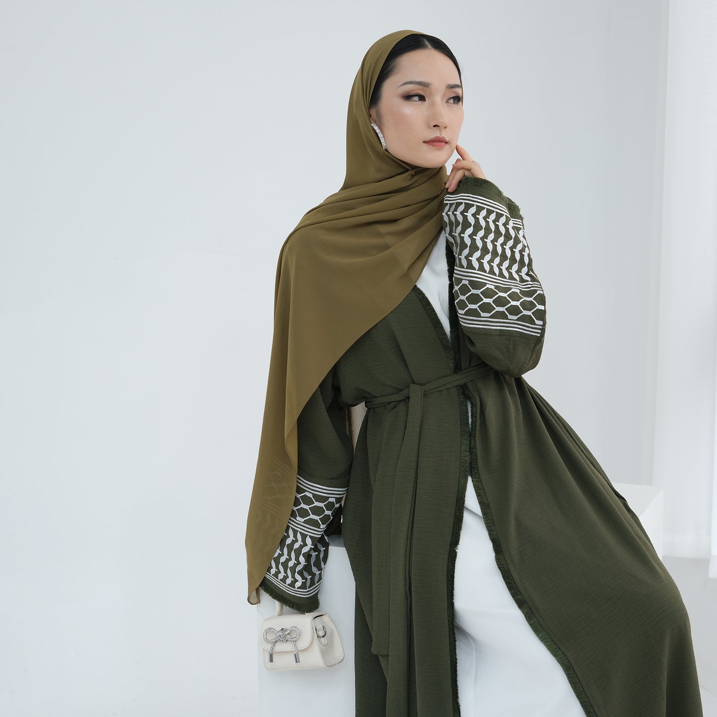 Palestine Keffiyeh Open Abaya - Forest Green