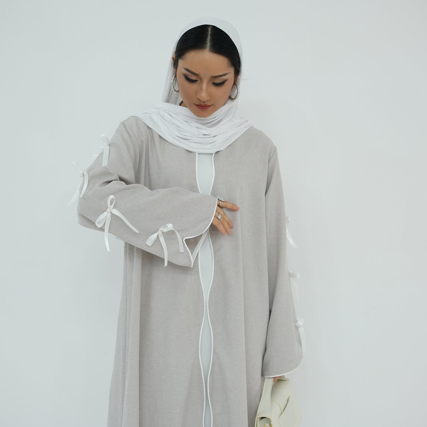 Ribbon Bow Sleeve Open Abaya - Taro