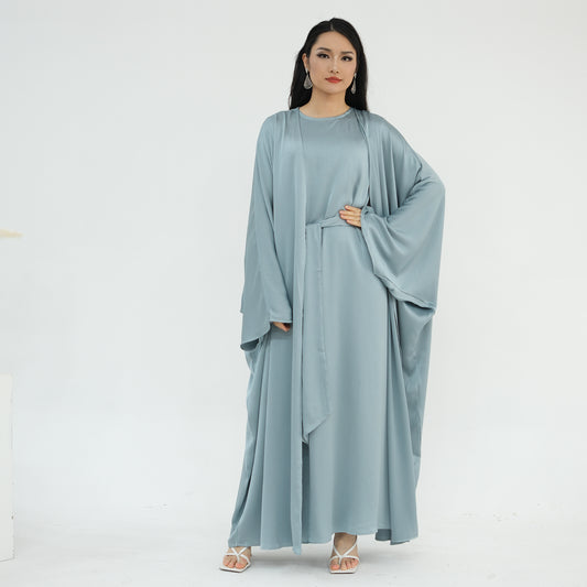 Satin Dubai Luxury Two-Piece Abaya with Belt - Blue