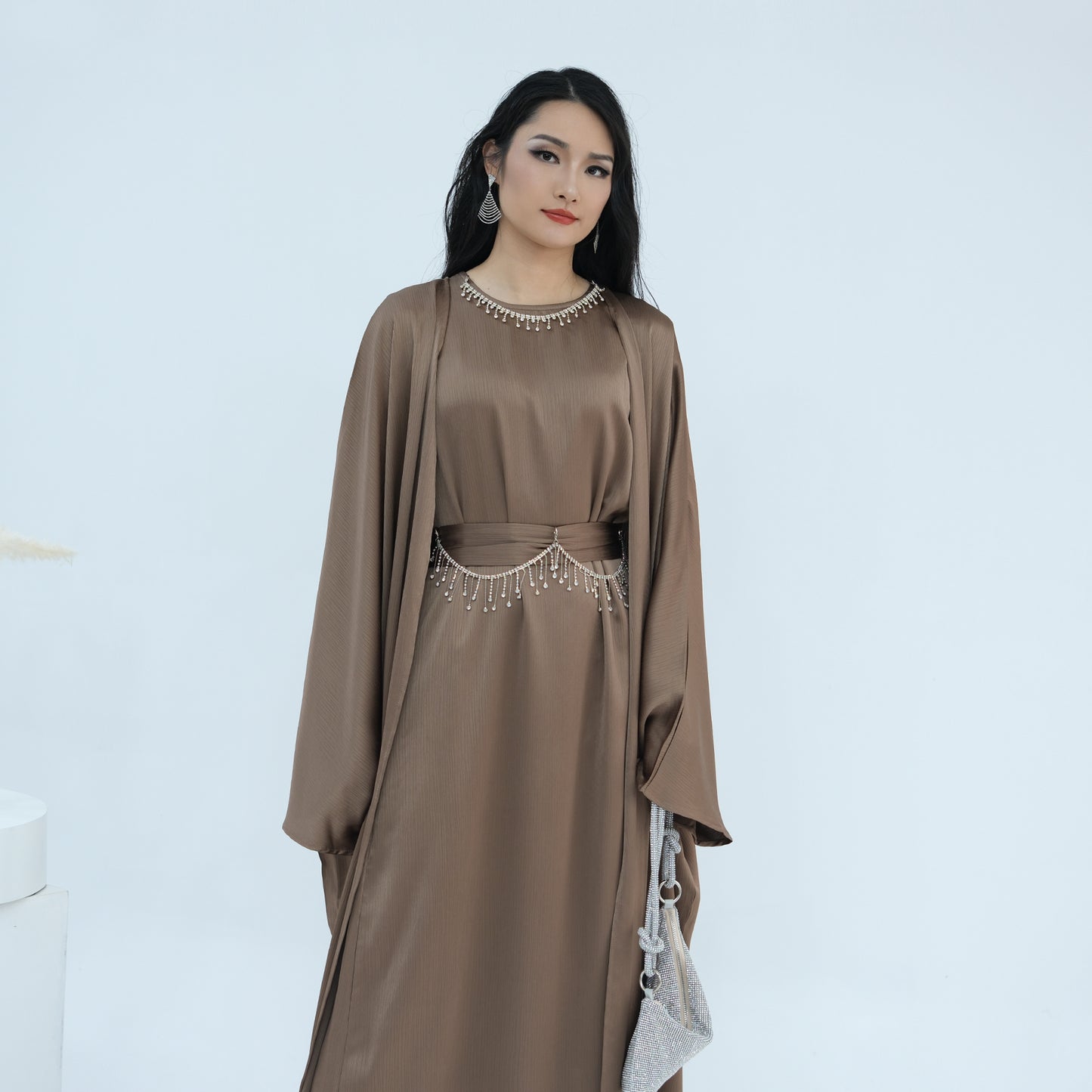 Satin Dubai Luxury Two-Piece Abaya with Belt - Mocha
