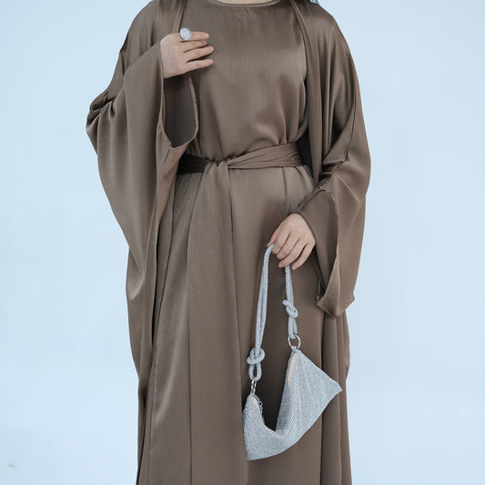 Satin Dubai Luxury Two-Piece Abaya with Belt - Mocha