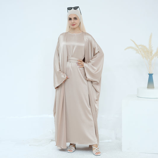Satin Dubai Luxury Two-Piece Abaya with Belt - Khaki