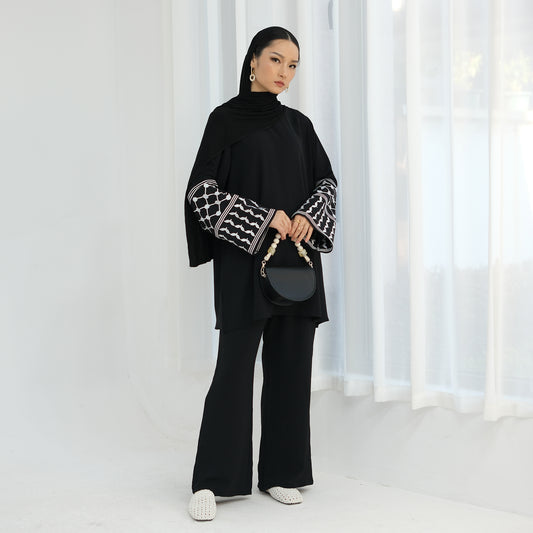 Palestine Keffiyeh Embroidery Two-Piece Co-ord Set - Black