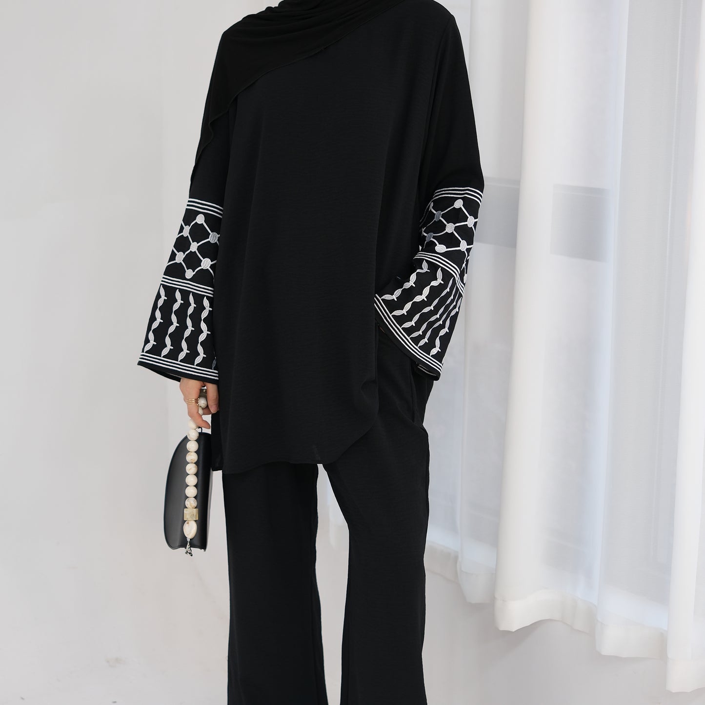 Palestine Keffiyeh Embroidery Two-Piece Co-ord Set - Black