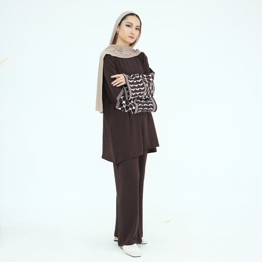 Palestine Keffiyeh Embroidery Two-Piece Co-ord Set - Dark Coffee