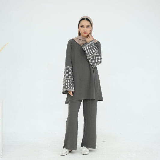 Palestine Keffiyeh Embroidery Two-Piece Co-ord Set - Army Green