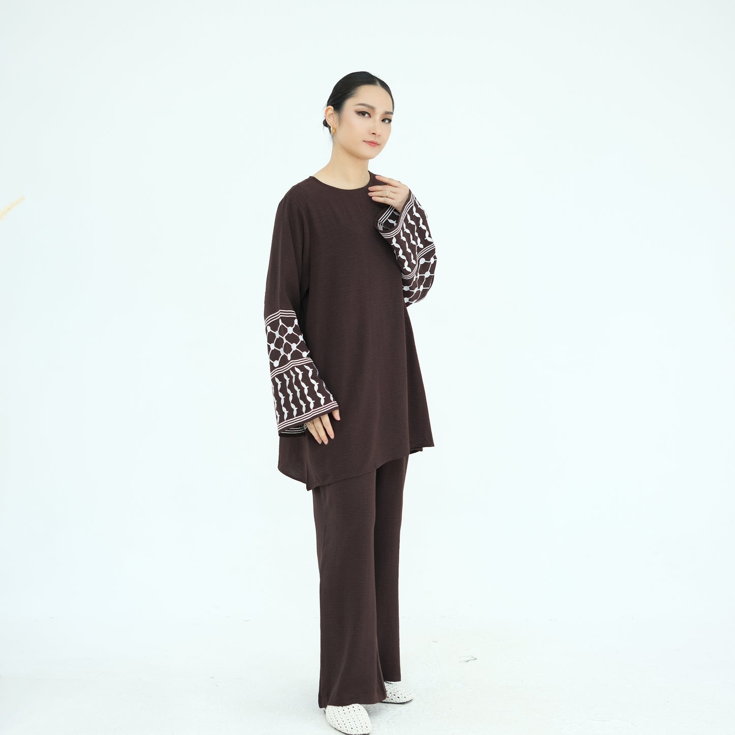 Palestine Keffiyeh Embroidery Two-Piece Co-ord Set - Dark Coffee