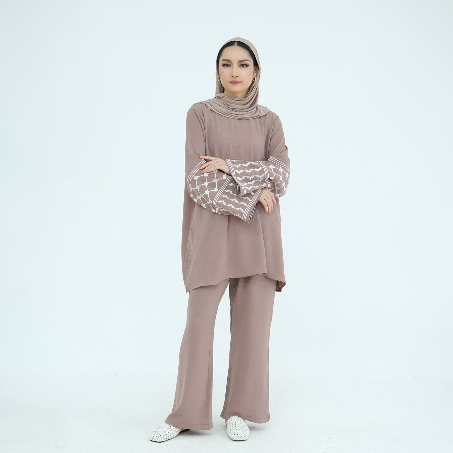 Palestine Keffiyeh Embroidery Two-Piece Co-ord Set - Taro