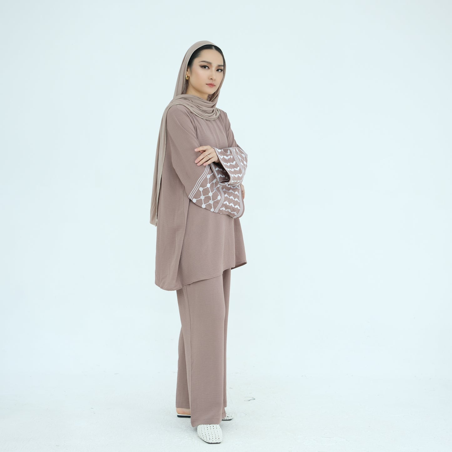 Palestine Keffiyeh Embroidery Two-Piece Co-ord Set - Taro
