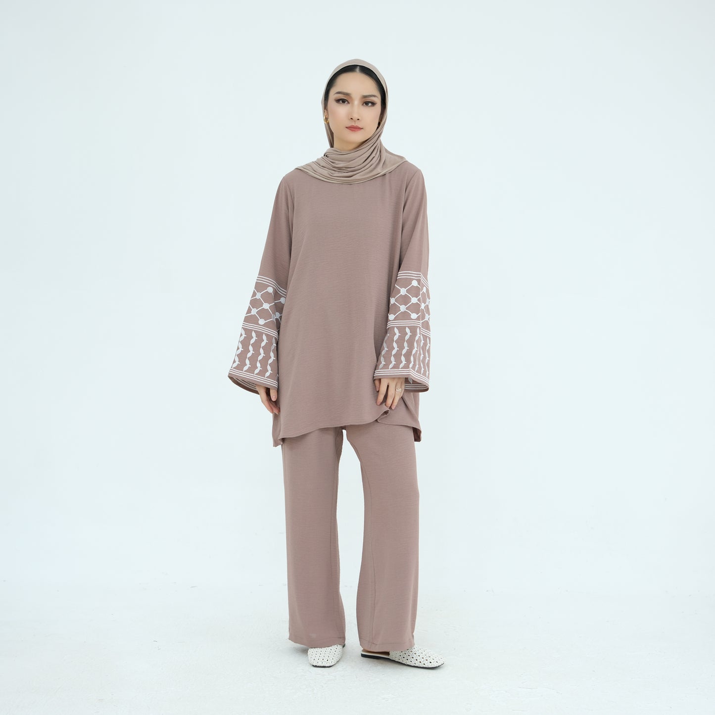Palestine Keffiyeh Embroidery Two-Piece Co-ord Set - Taro