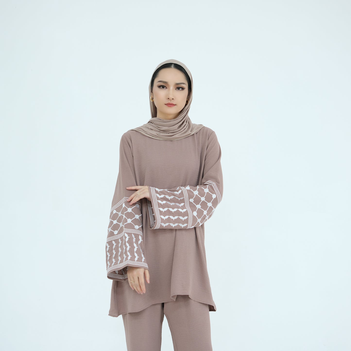 Palestine Keffiyeh Embroidery Two-Piece Co-ord Set - Taro