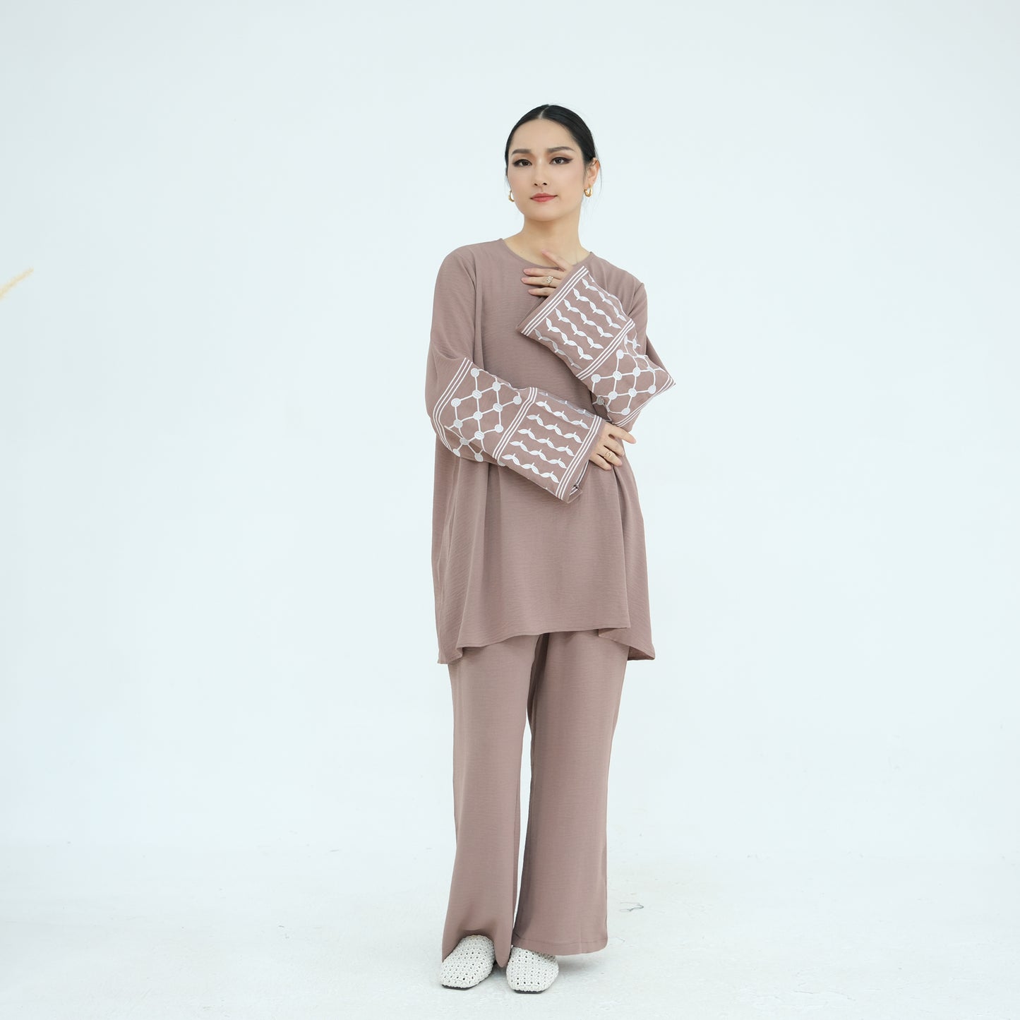Palestine Keffiyeh Embroidery Two-Piece Co-ord Set - Taro