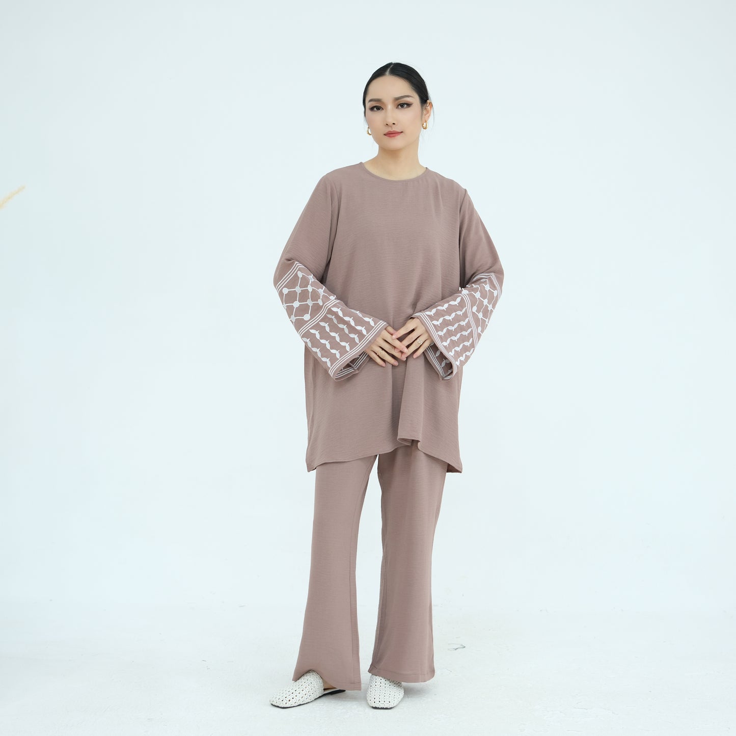 Palestine Keffiyeh Embroidery Two-Piece Co-ord Set - Taro