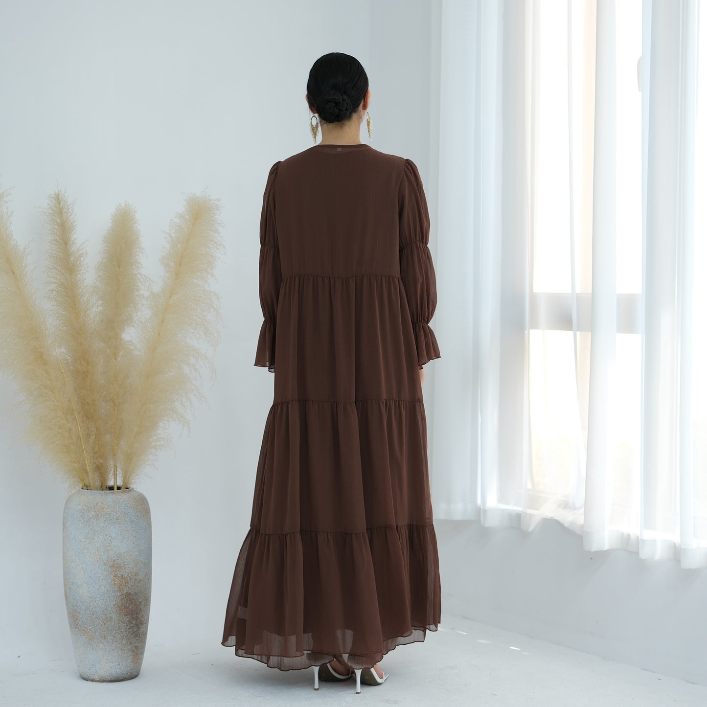 Ruffle Sleeve Bohemian Chiffon Abaya Set with Hijab - Coffee