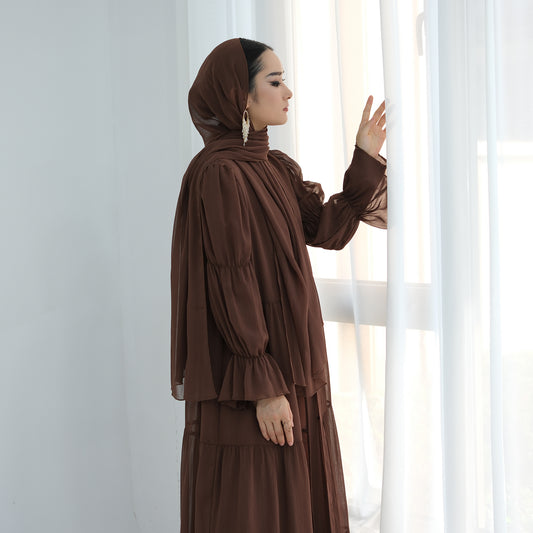 Ruffle Sleeve Bohemian Chiffon Abaya Set with Hijab - Coffee