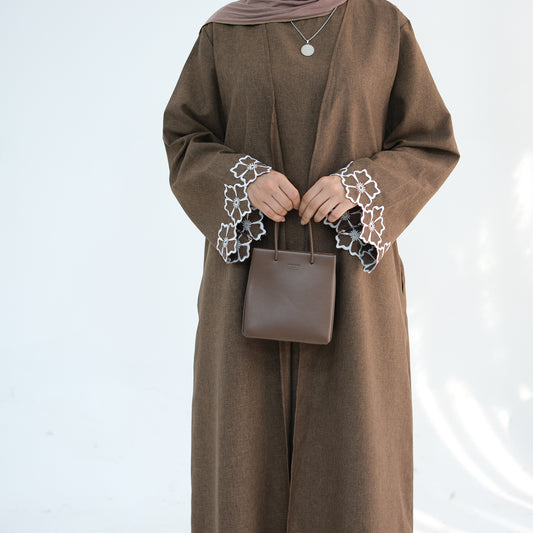 Embroidered Floral-Sleeved Abaya - Dark Coffee