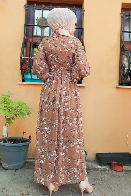 Modest Floral Dress - Cinnamon & White