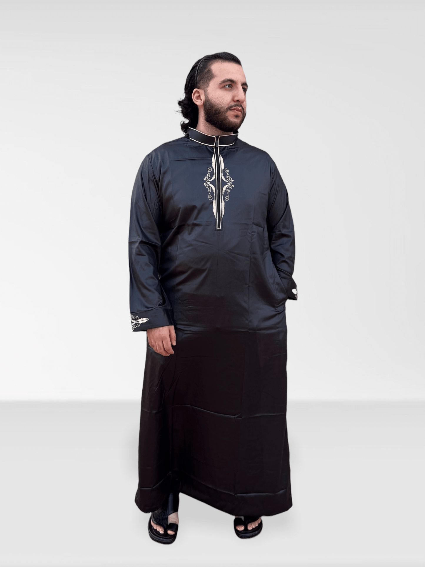 Embroidered Thobe - Shiny Black